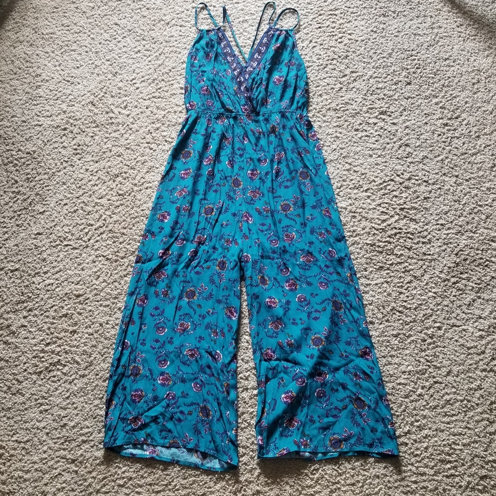 Teal floral wide leg romper jumpsuit Large junior's women's boho sleeveless